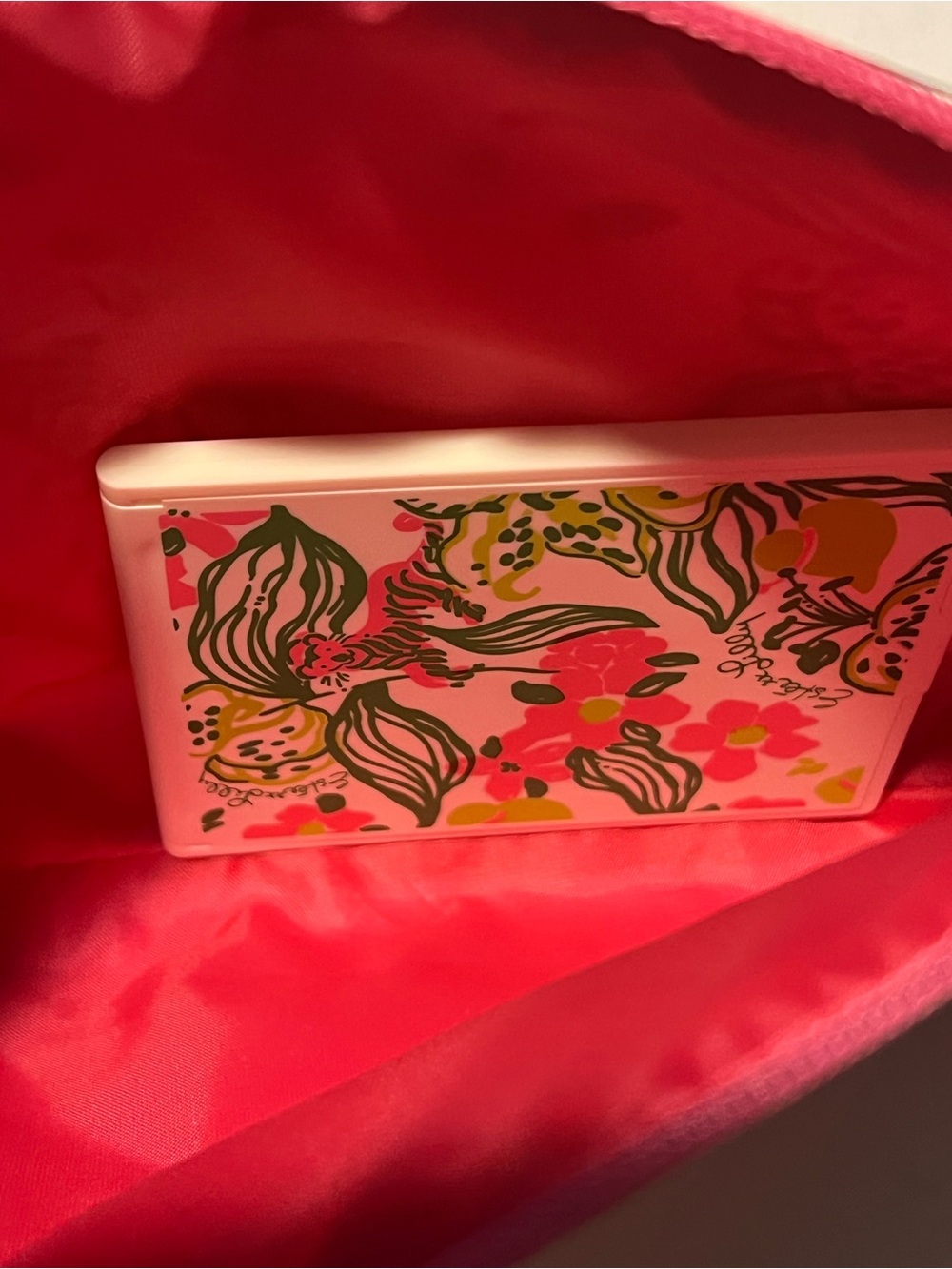 Lilly Pulitzer Pink Floral Cosmetic Pouch Green &White Accents & Compact Mirror